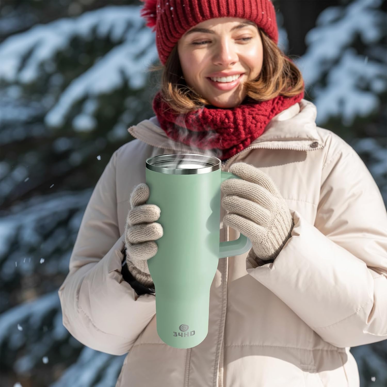 34HD 40 oz Stainless Steel Tumbler - Leakproof Insulated Water Bottle with Handle, Magnetic Lid and Flexible Straw - Iced for 48 Hours – Perfect for Men, Women, Birthday Gift, Green - Matcha Whisper - Image 8