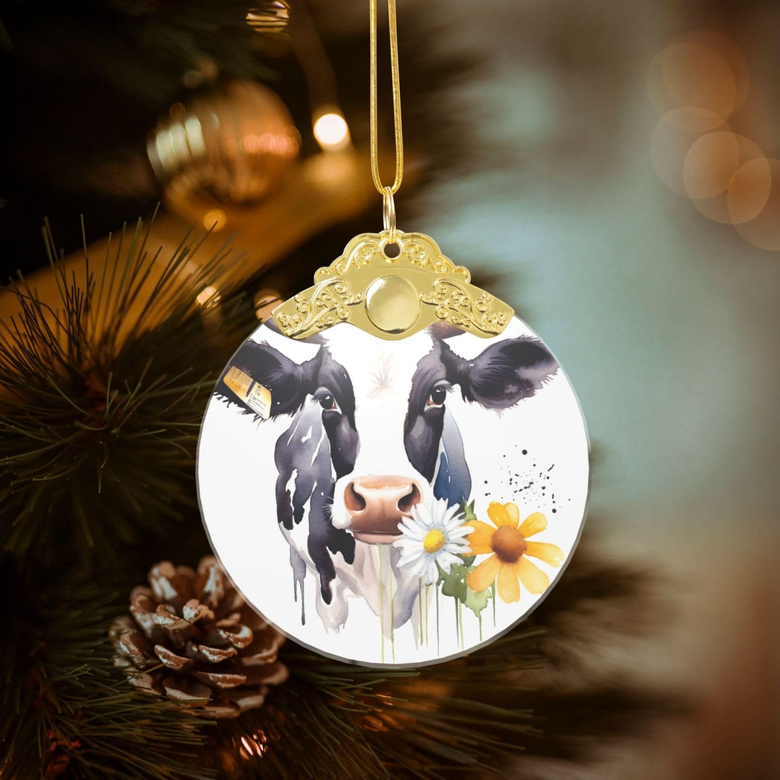 Watercolor Cow and Daisy Flower Christmas Ornament 2025, Round Glass Xmas Hanging Pendant for Xmas Tree Decoration,Cute Holiday Hanging Decorations Keepsake for New Year Family Party Wedding Decor