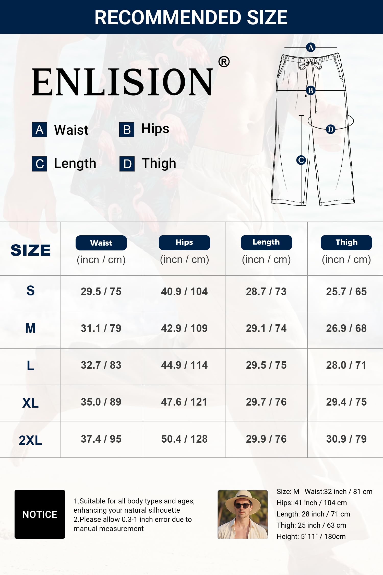 Enlision Pantalones Lino Hombre Verano Cintura Elástica Pantalones de Lino Hombre Casual con Bolsilos Ligeros S-2XL