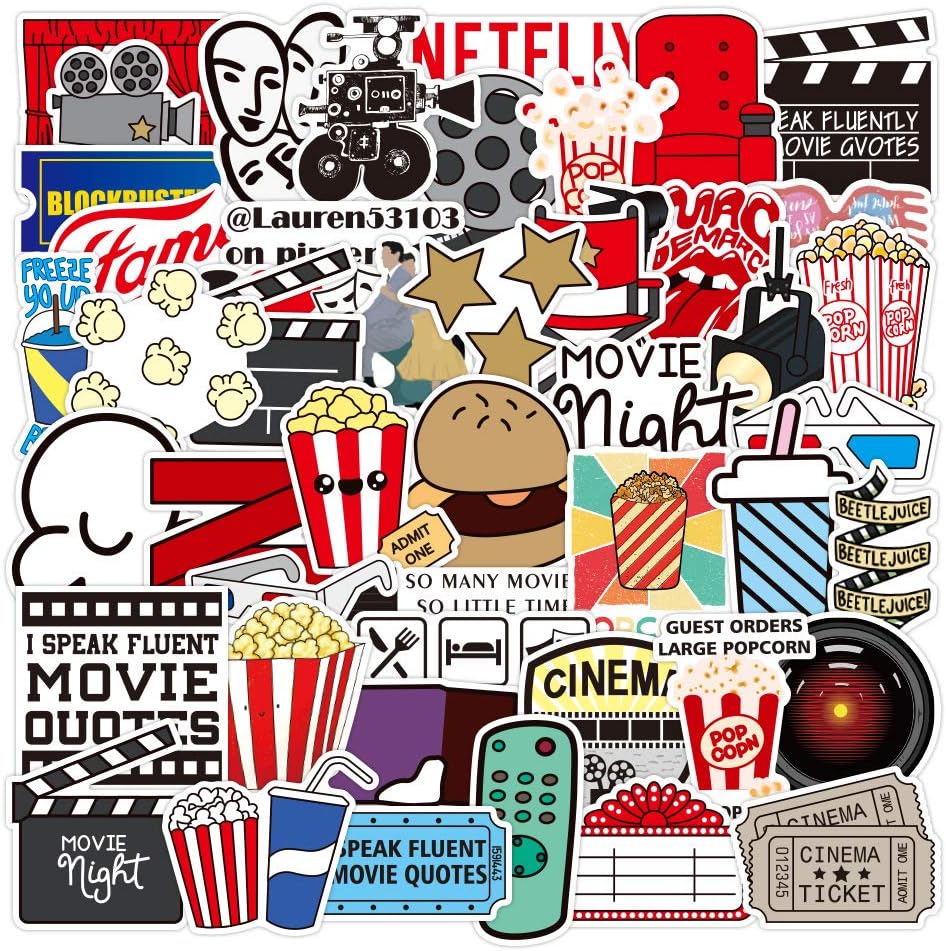 Bric Dodo 50Pcs Movie Party Stickers Water Bottles Laptop Phone Skateboard Car Computer Cinema Theater Themed Stickers Vinyl Waterproof Aesthetic Stickers Pack for Teens Kids Adults Children