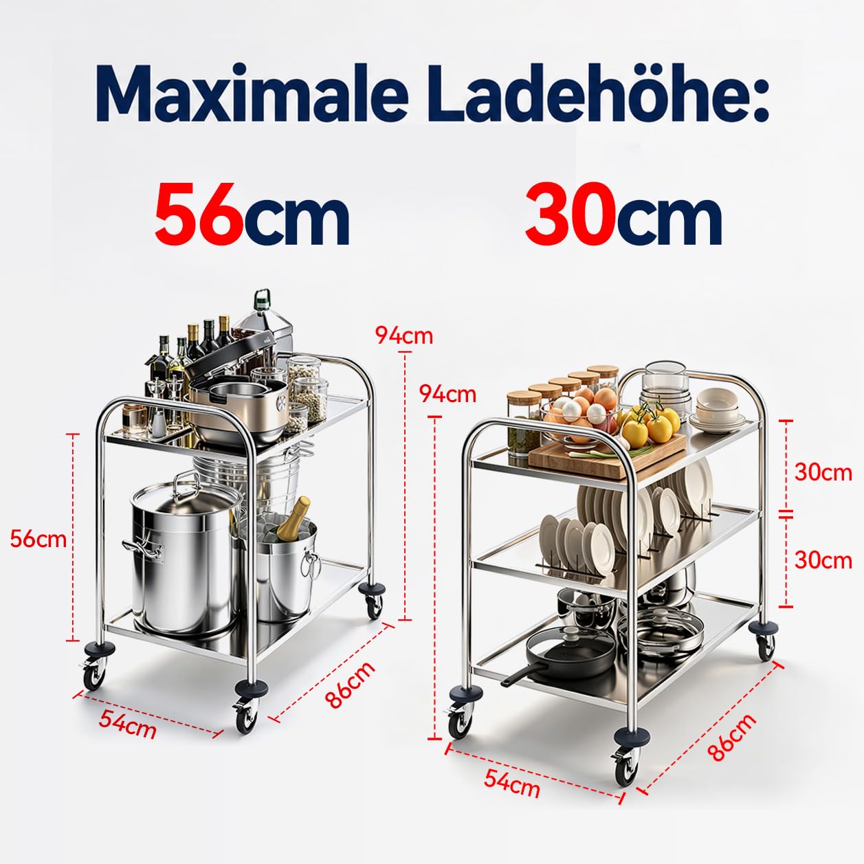 BPT Chariot de service en acier inoxydable sur roulettes avec poignée ronde, pour restaurants avec 4 roues de frein (3 étagères)