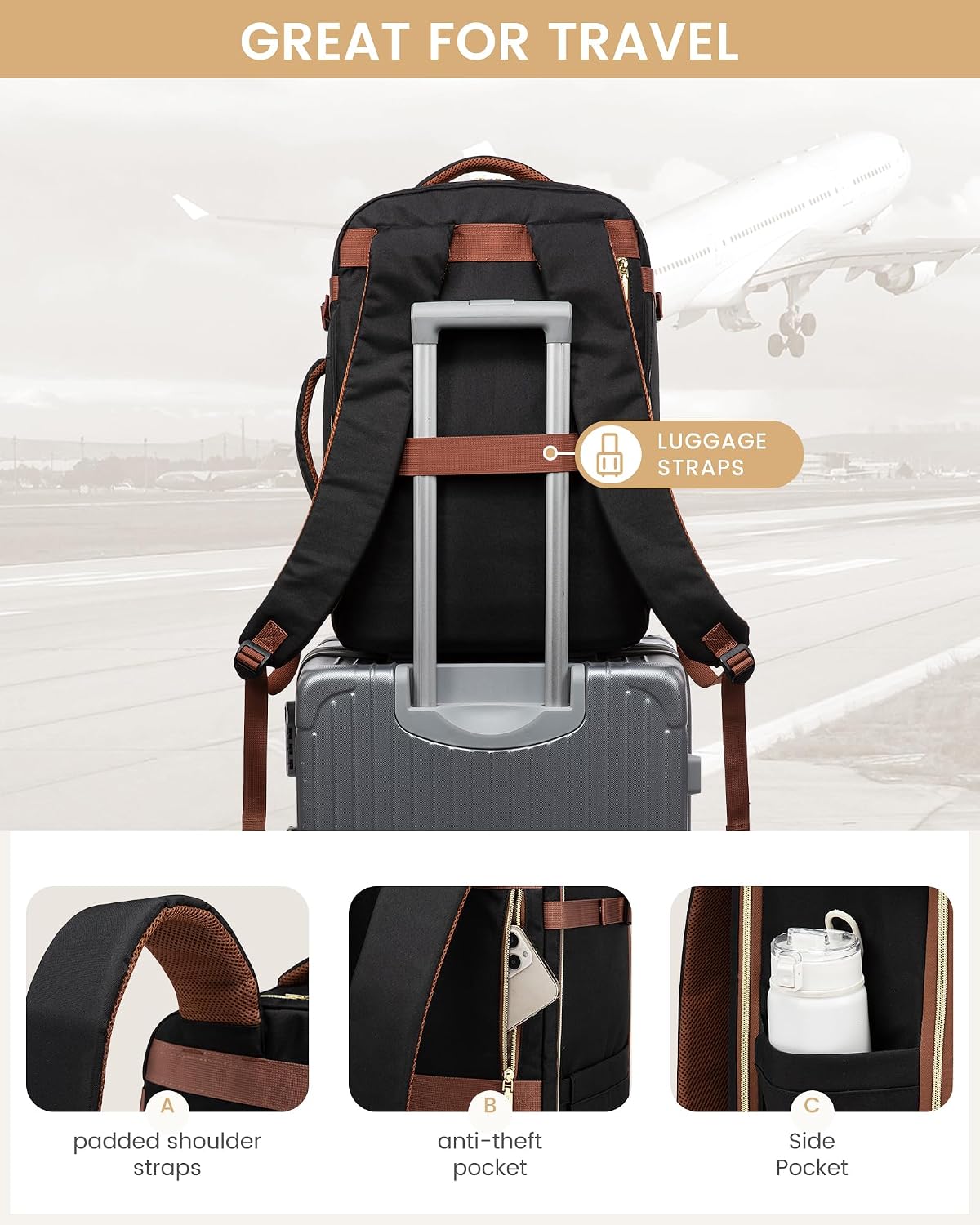 LOVEVOOK Travel Essentials Carry on Backpack 40L Travels Backpack for Women,Waterproof TSA Personal Item Travels Bag Airline Flight Approved,Large Carry on Luggage Laptop Backpack with Packing Cubes thumbnail