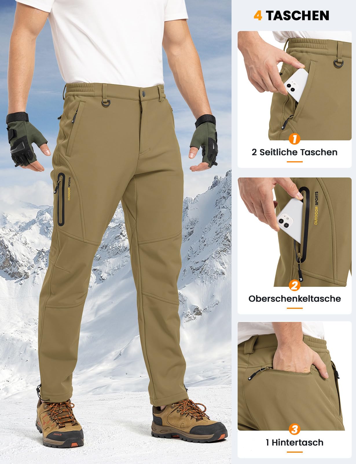 Rdruko Softshellhose Herren Wasserdicht Skihose Wanderhose Thermohose | Winter Snowboardhose Winddicht Schneehose Trekkinghose Outdoorhose Warme Gefüttert mit 4 Taschen für Skifahren Wandern