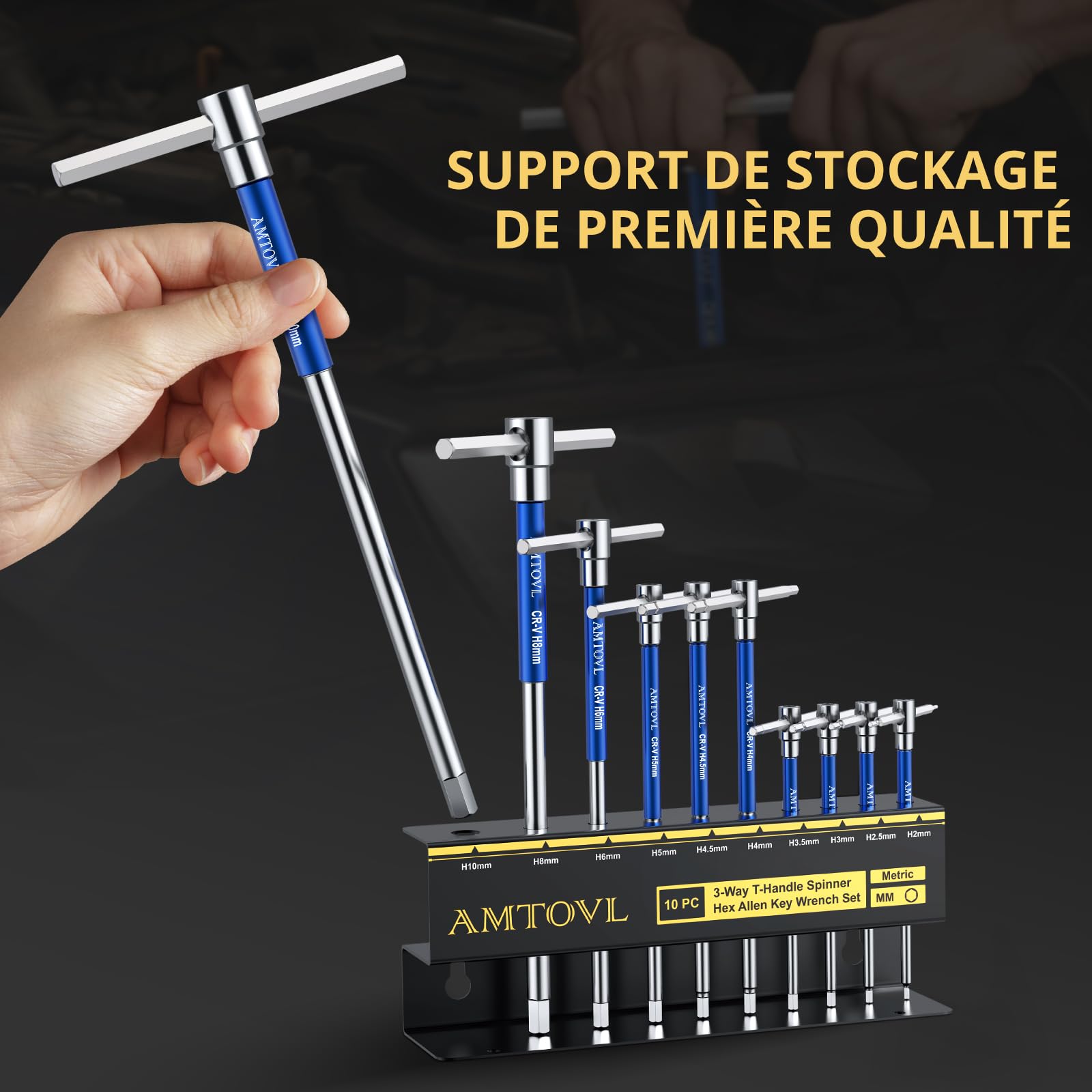 AMTOVL 10PCS Clés Allen à Poignée en T 2-10mm T Handle Clés hexagonales Poignée à Rotation Rapide avec Étagère de Rangement Outil de Tournevis Matériau CRV Chromé