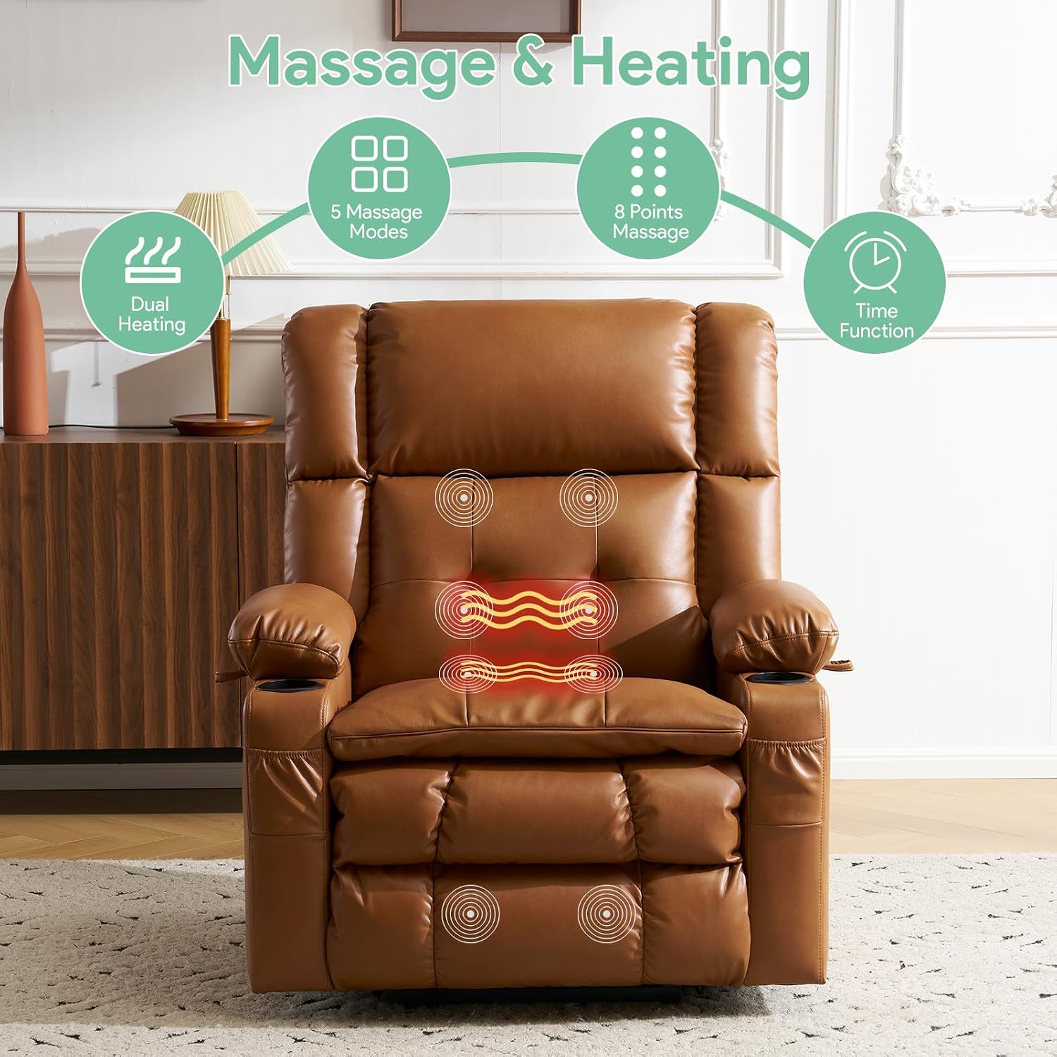 Oversized Lift Chair for Elderly with Massage and Heat, Dual Motor Power Lift Recliner Chair with Arm Storage, Lay Flat Recliner for Living Room, Big Tall, Infinite Position, Camel