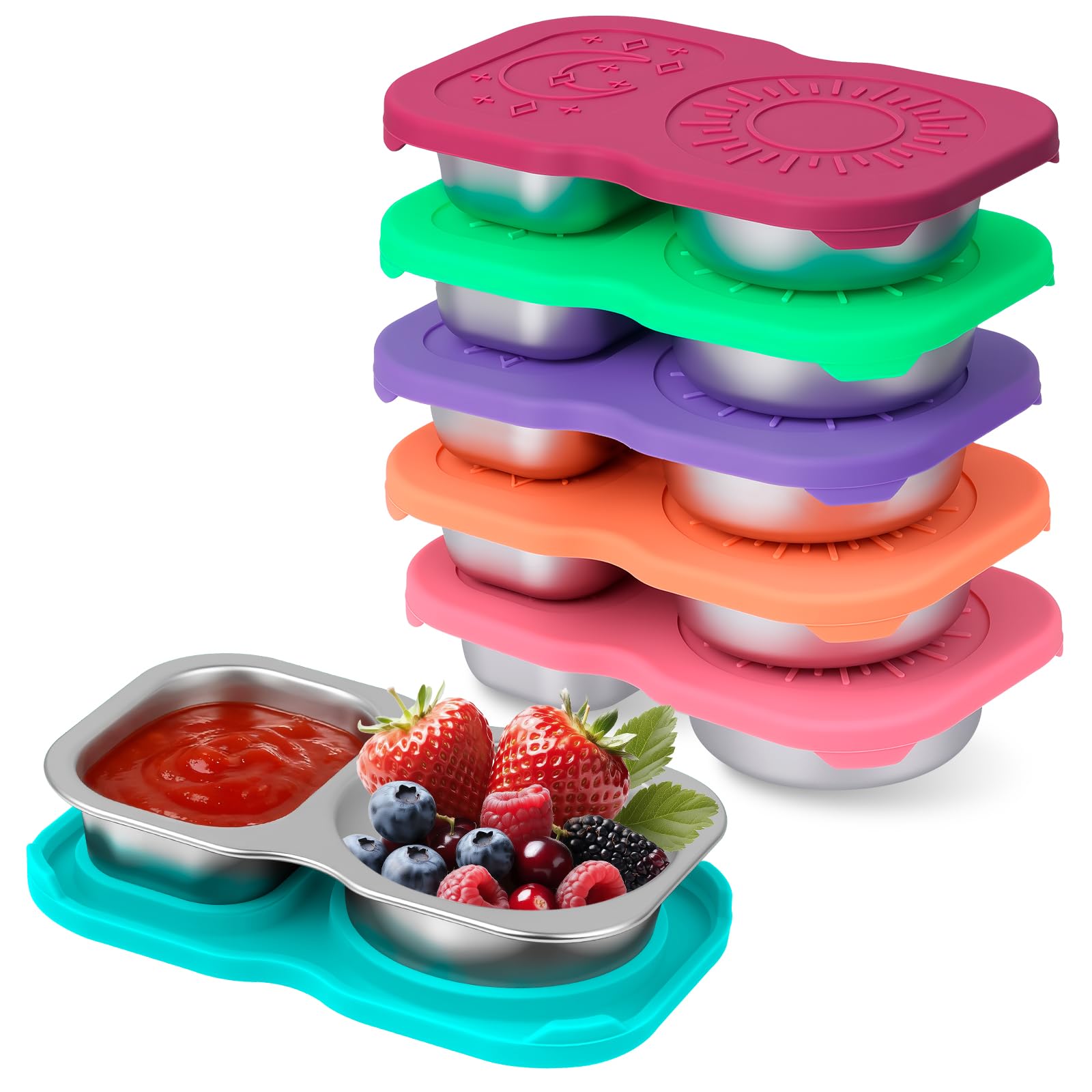 Yuecda 6-Piece Double-Compartment Salad Dressing Container Set | Stainless Steel Condiment Cups with Leak-Proof Silicone Lids | Ideal for Lunch, Bento Boxes, and Snacks on the Go