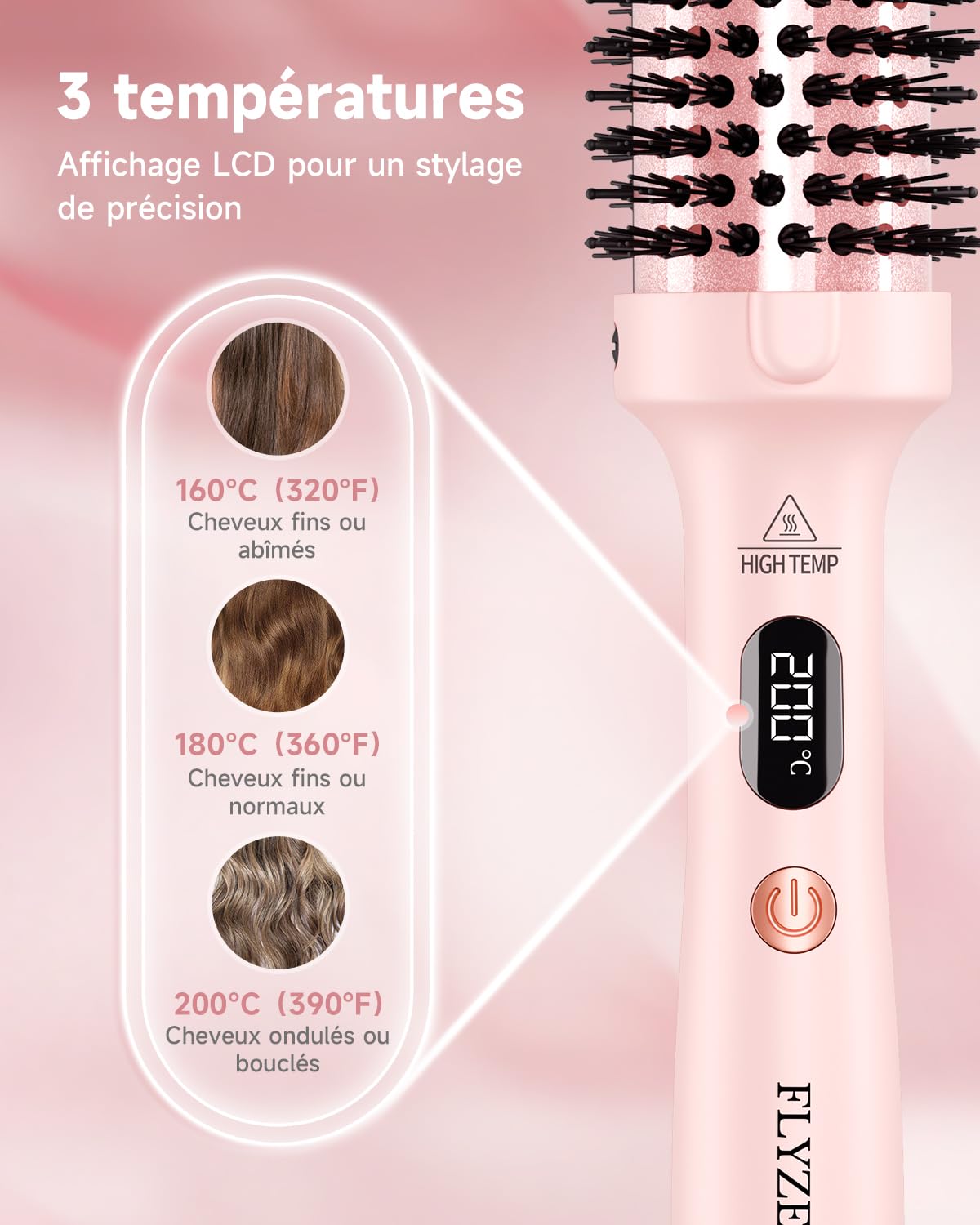 Brosse thermique FLYZEMAA, Thermal Brush 38mm pour des Boucles Naturelles, Brosse Chauffante pour 3 Niveaux de Température, Écran LCD, Double Tension, Prise UE, Rose