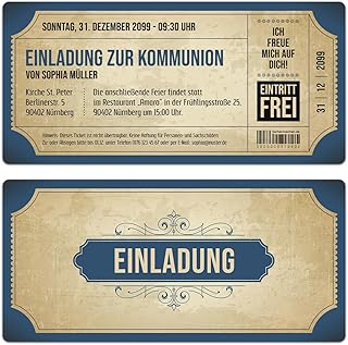 Kartenmachen.de Personalisierte Kommunion Einladungskarten (ab 10 Stück Set) - Vintage Eintrittskarten in Blau mit Abrissstreifen- Kommunionskarten Einladung