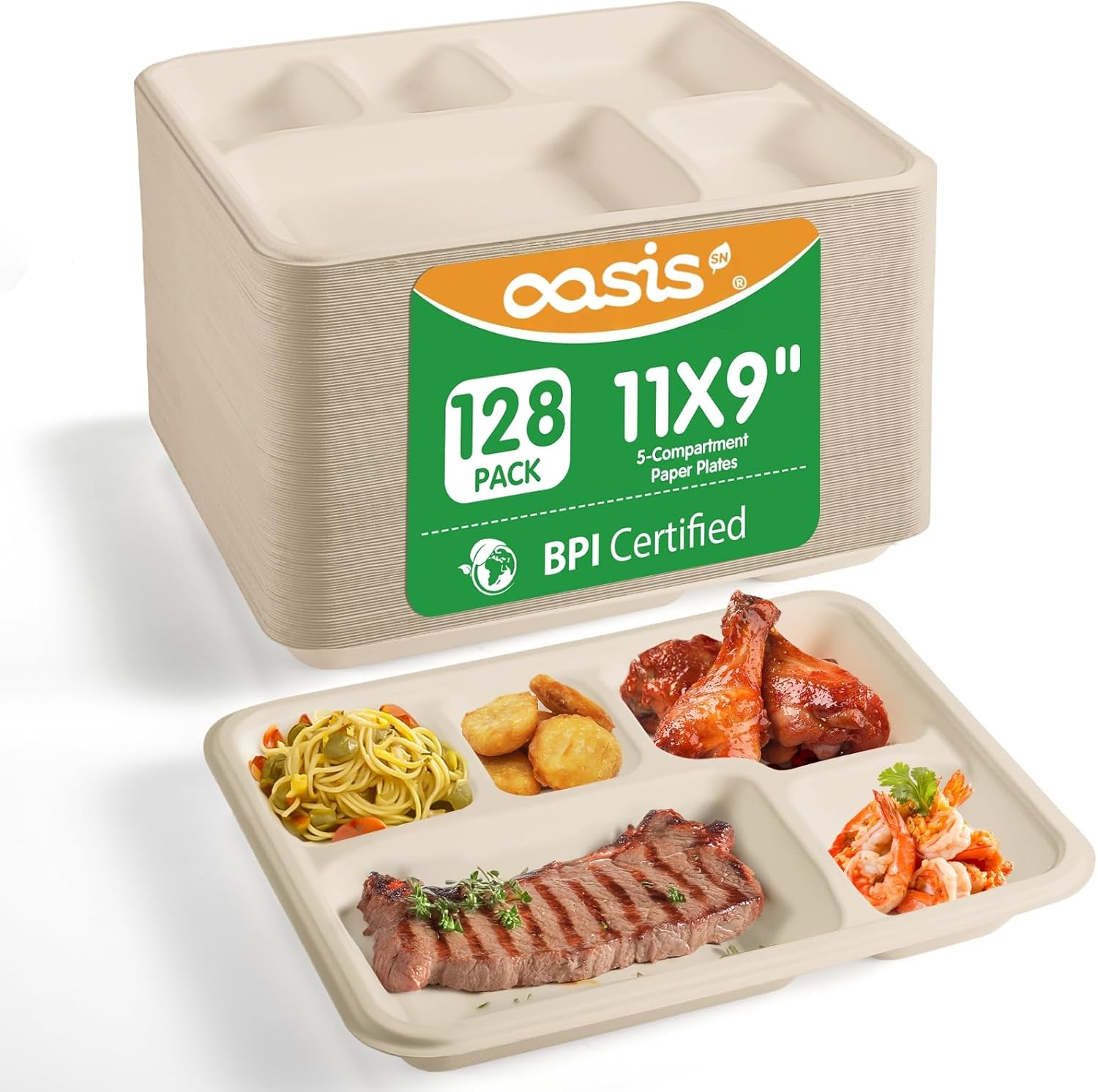 11x9 128-Pack 5-Compartment Meal Trays, Larger & Deeper Heavy Duty Divided Plates, Compostable Bagasse, Microwave Safe, School Lunch, Catering, Party(Natural)