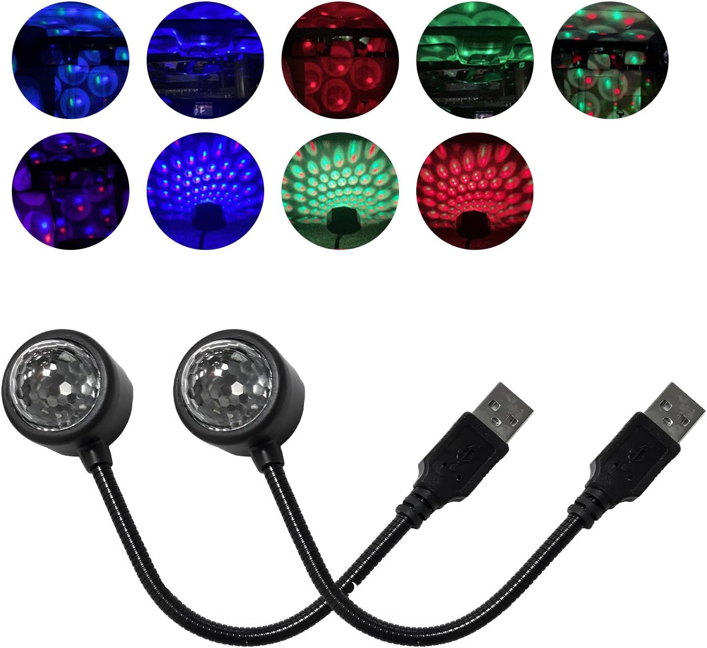 Dickno 2 PCS USB Star Night Light Projector, Portable Car Roof Sound Activated Atmosphere Lamp, Adjustable Auto Interior Atmosphere Decorative Light for Vehicle, Bedroom, Ceiling, Party