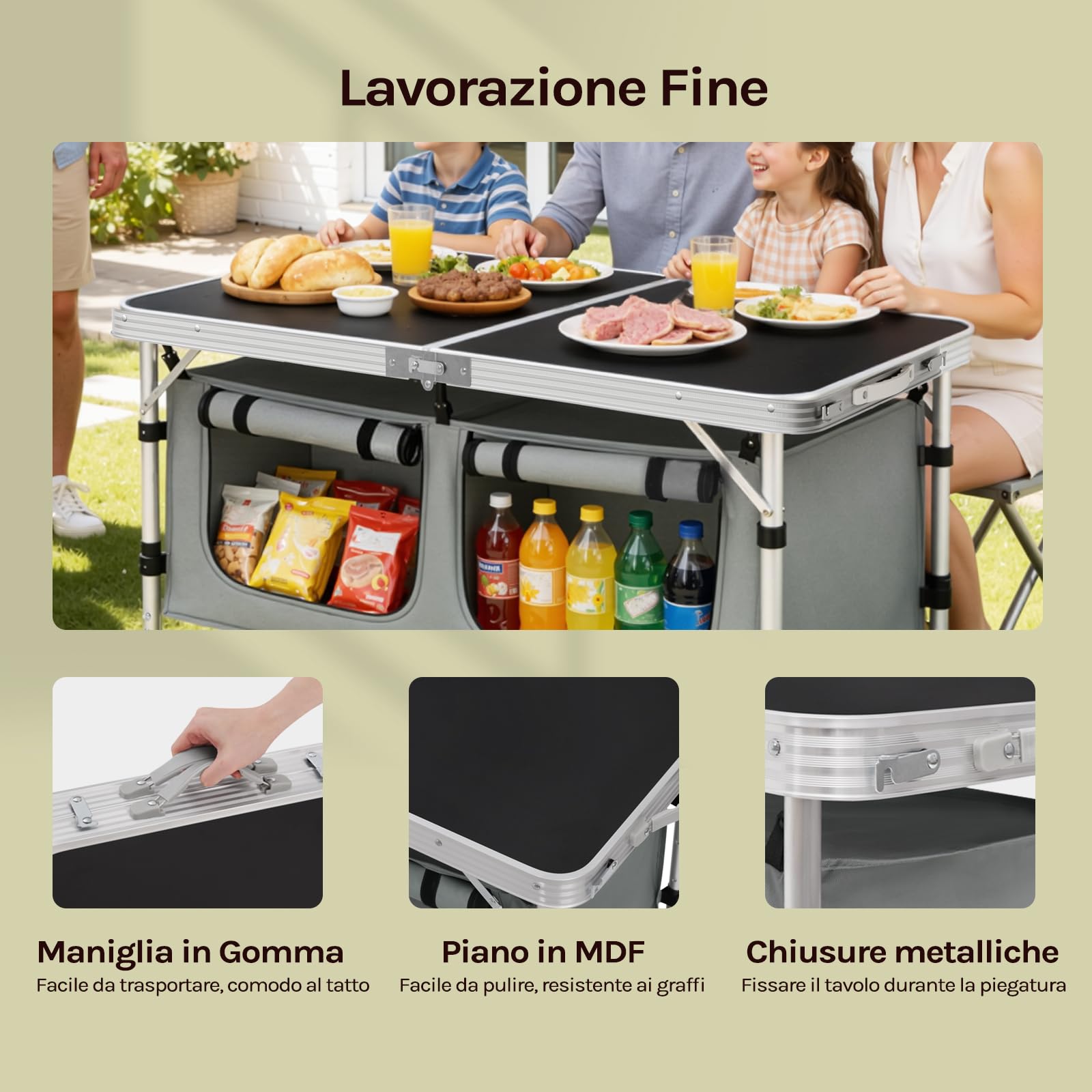 WOLTU Tavolo da Picnic Pieghevole, Mobile Cucina da Campeggio, Esterno, in MDF e alluminio con 2 Scomparti Regolabili in Altezza, 120 x 47 x 62/69.5 cm
