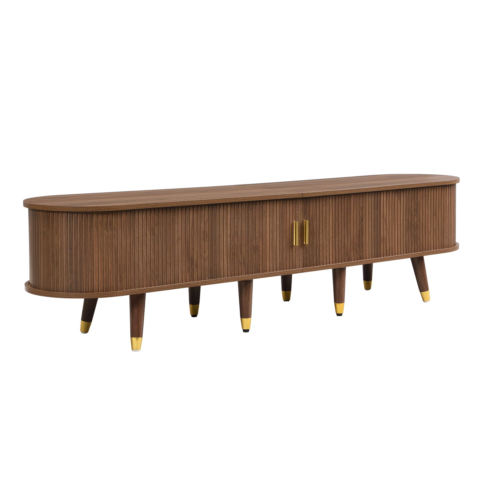 Merax Meuble TV 175 x 38 x 45 cm, style maison de campagne, avec porte coulissante en rotin, aspect noyer, beaucoup d'espace de rangement, compartiments ouverts, tiroirs et armoire, détails dorés