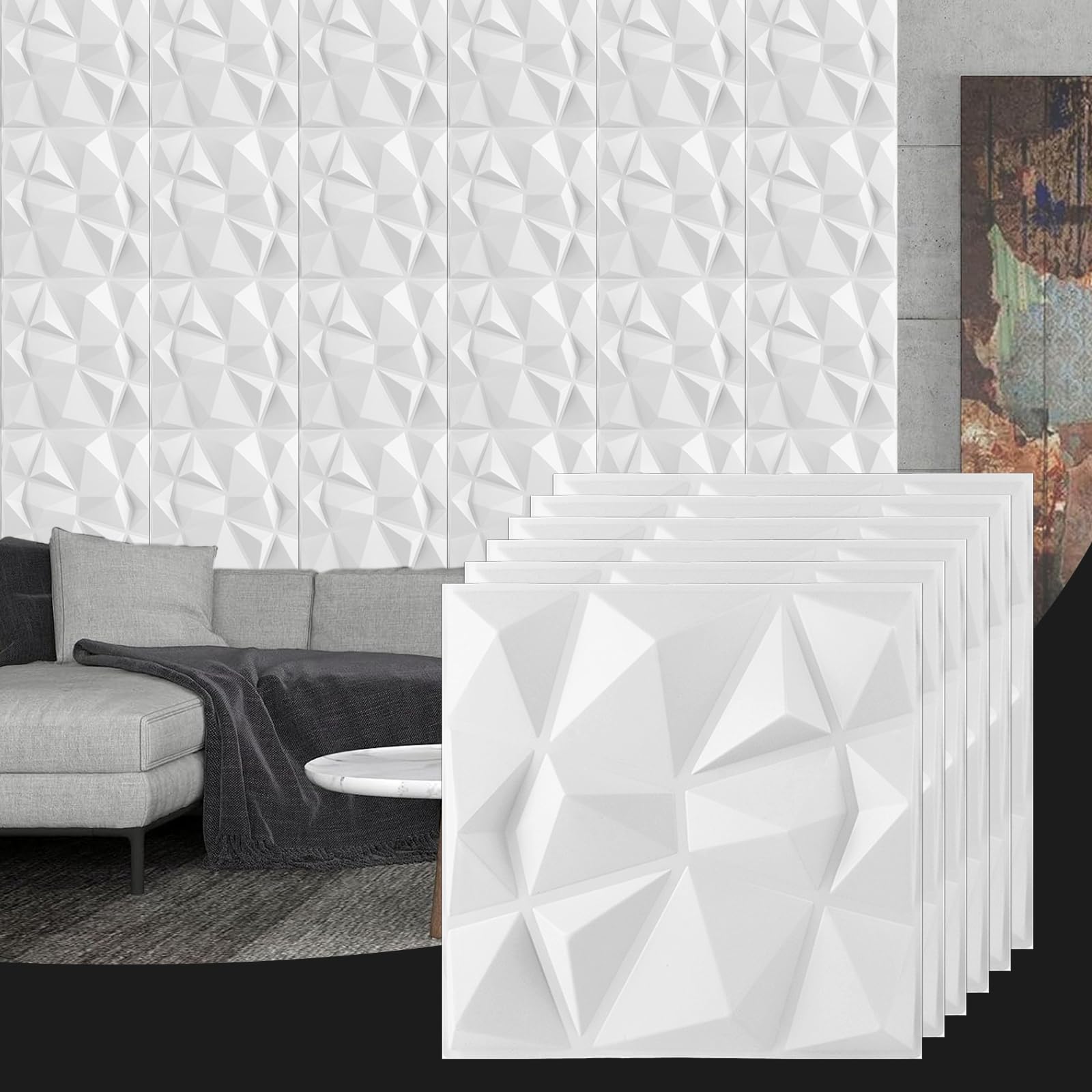 AKOLAFE 30 pannelli da parete adesivi 3D, 30 x 30 cm, pannelli fonoassorbenti con design a diamante bianco, pannelli da parete per videogiochi, adesivi da parete fai da te, pannello da parete in PVC