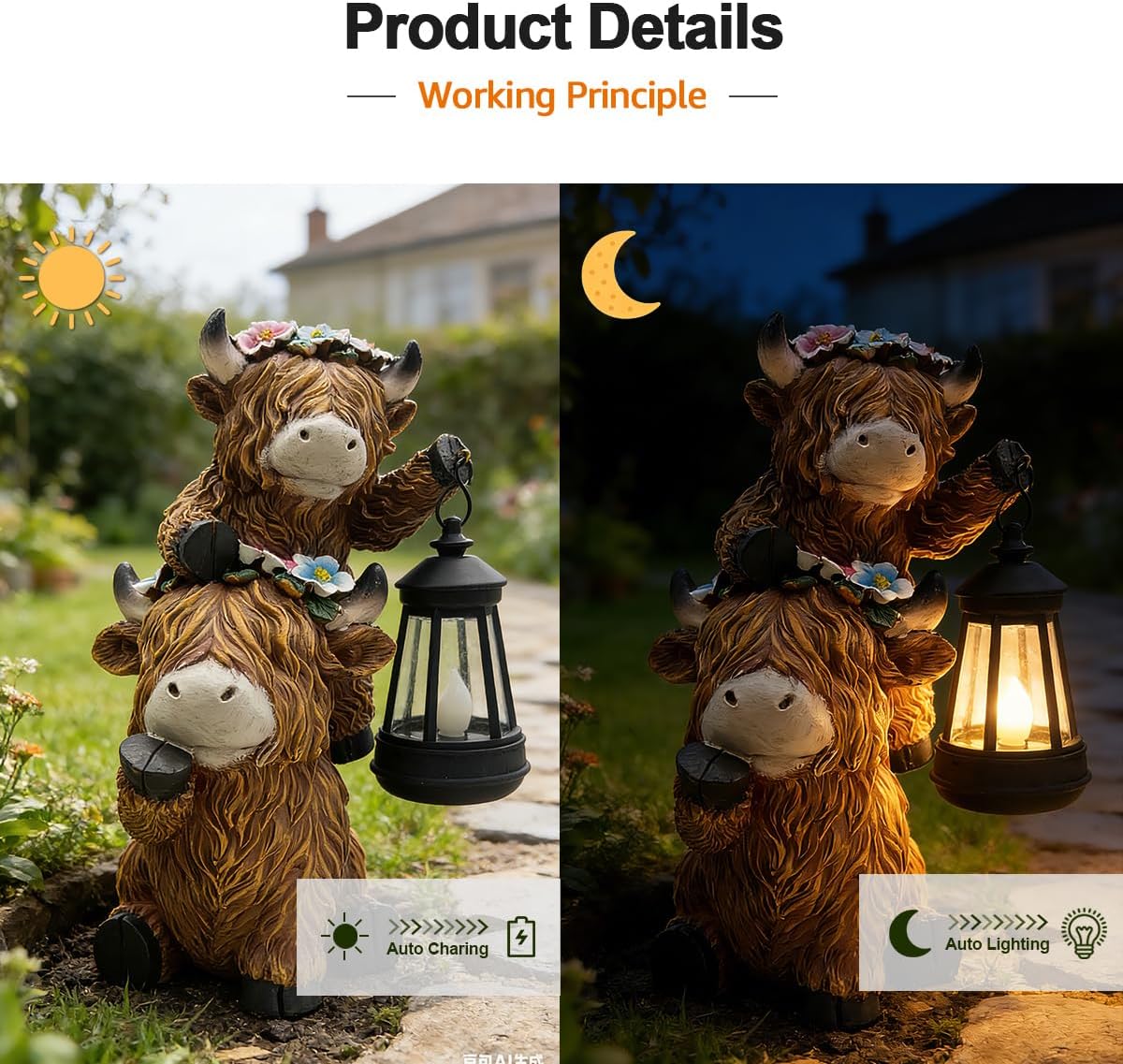 Solar Garden Outdoor Statues Lantern Figurines Light Decorations for Outdoor Patio Balcony Yard Lawn, Ideal Gifts for Mom Friends (Brown - Cow)