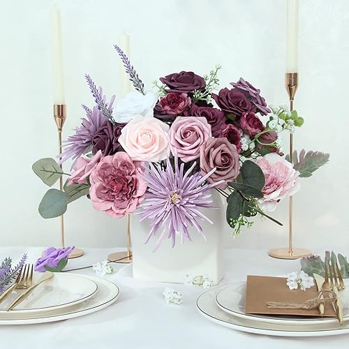 Miniatura 7 de LELEE Flores artificiales a granel para decoración de boda, flores falsas de seda púrpura polvoriento, rosas falsas de seda para ramos de boda,