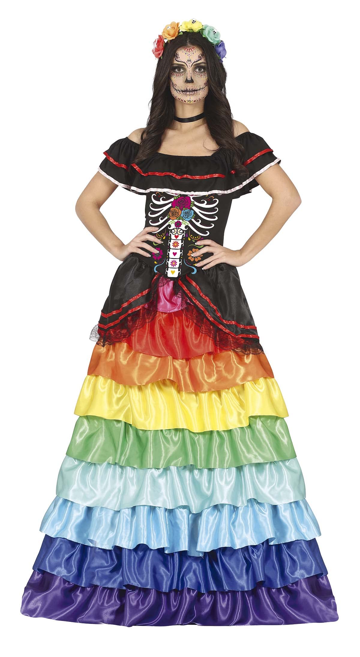 FIESTAS GUIRCA Disfraz de Catrina - Vestido Largo de Volantes Colores Arcoíris para Mujer Adulta Talla S 36-38