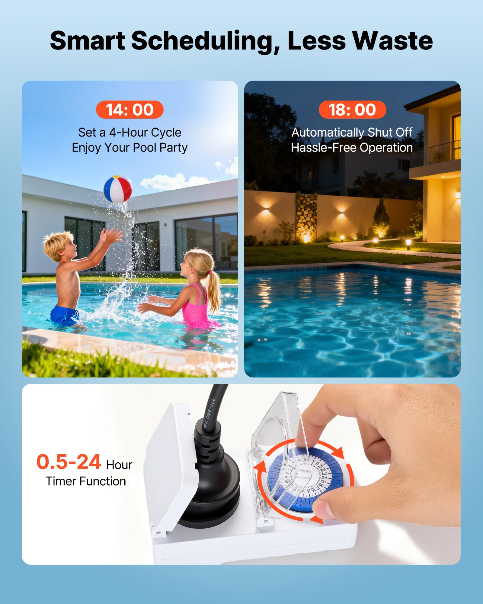 VEVOR Bomba para Piscina 1300 W Caudal Máximo de 28800 L/H Bomba de Filtración para Piscina de Una Sola Velocidad, CA 220-240 V, Altura de Elevación Máxima de 17 m, con Temporizador de 24 Horas