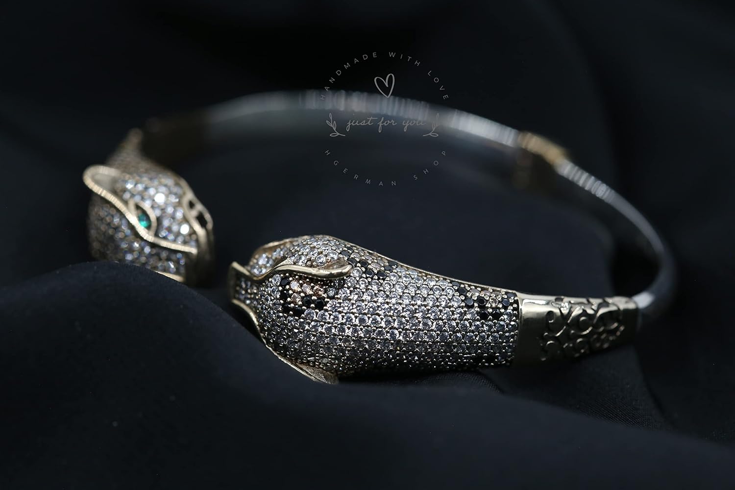 Jaguar Panther Leopard Cubic Zircon Bracelet, Sterling Silver Bracelet, Gift for Her, Leopard Bracelet, Cheetah Bracelet, Cat Bracelet,Tiger, Inspired Cheetah Big Cat Animal Bracelet, Free Size