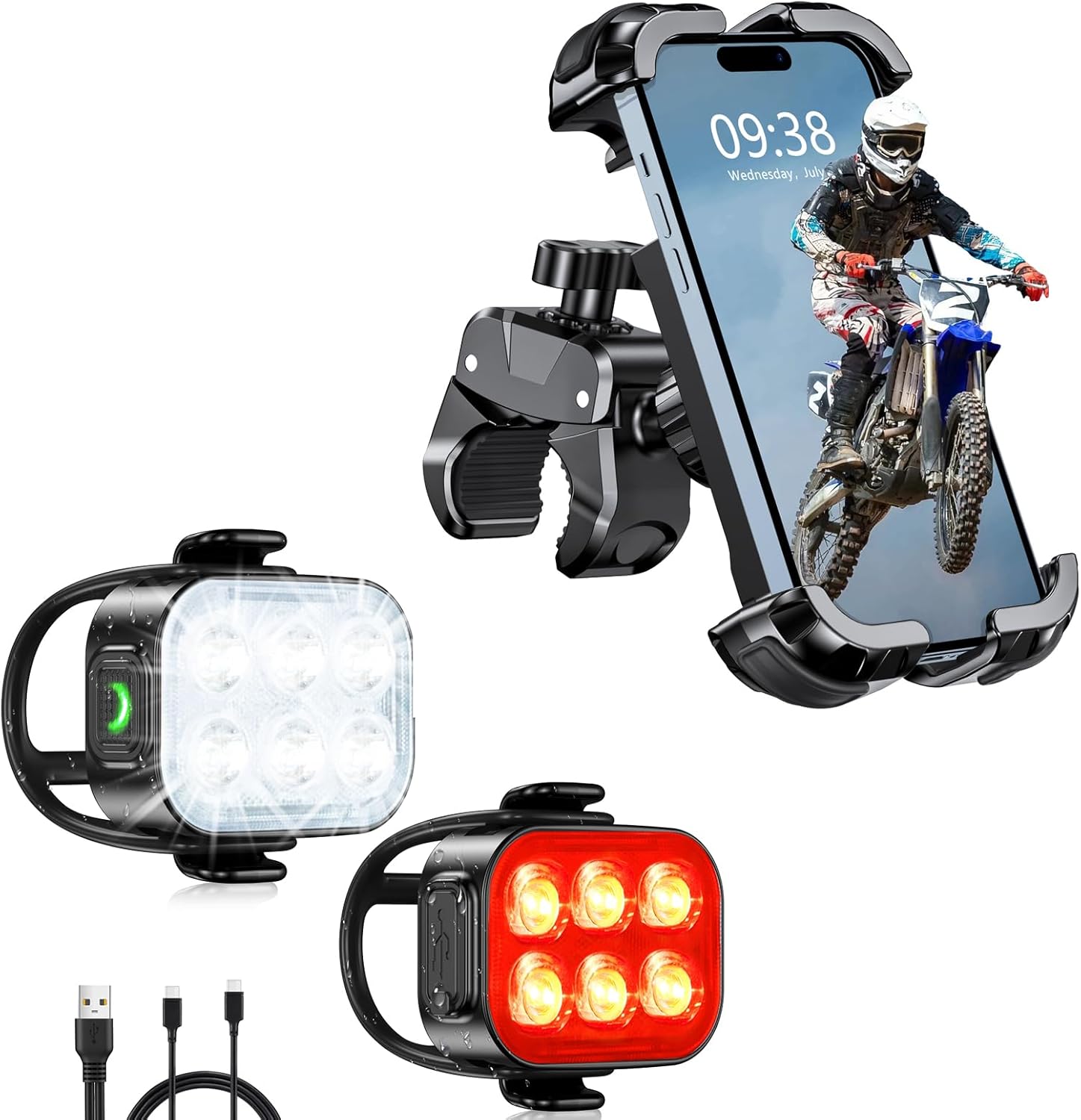 Zewdov Bike Accessories - Bike Lights for Night Riding [4+6 Modes][Rechargeable+Waterproof IP65], Bike Phone Mount [Full Protection][Easy to Enstall]