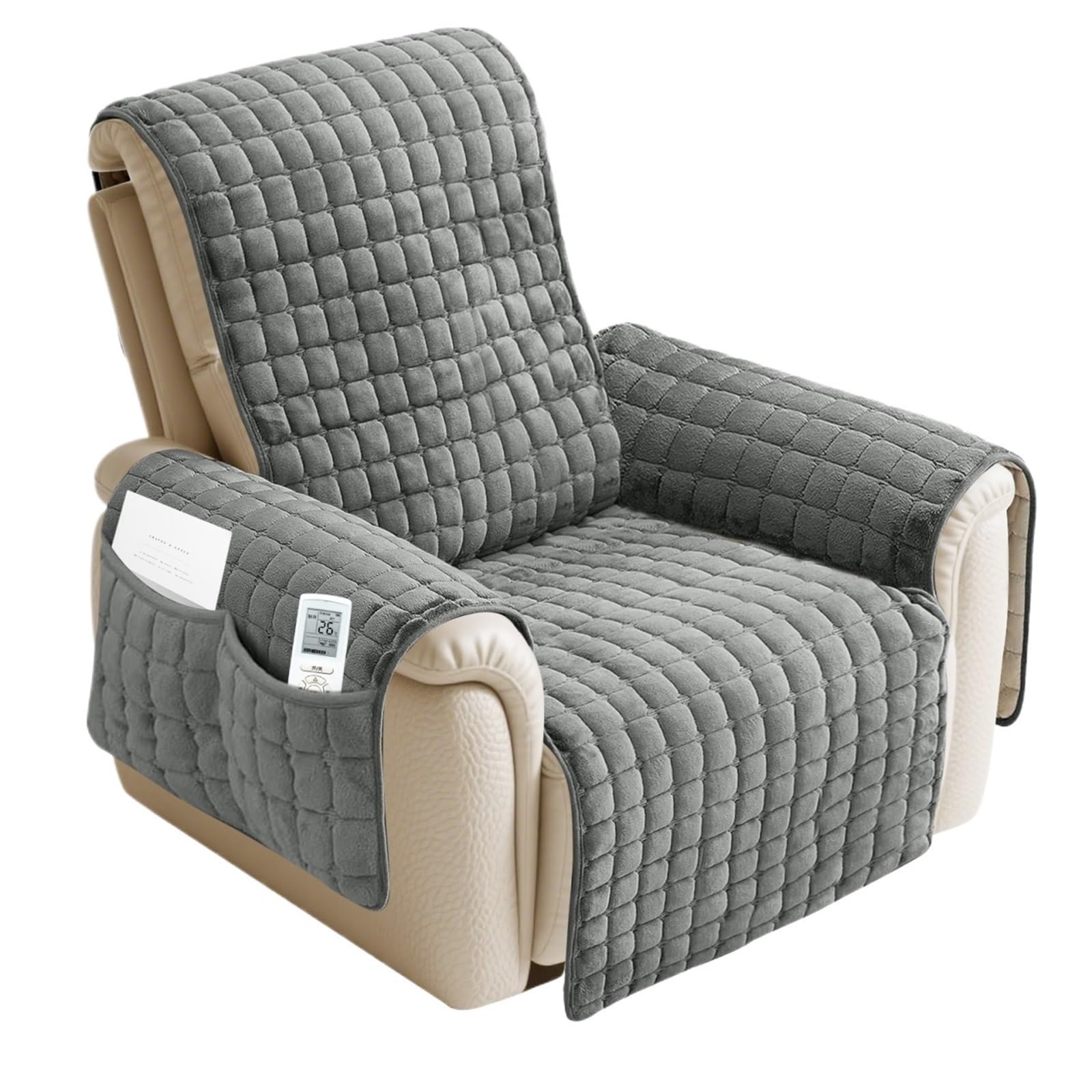 WJIAYAO Thick Plush Recliner Chair Cover 1 Seater Sofa Covers Flannel Plush Armchair Slipcovers with Side Pockets Relax Non Slip Mat Home Chair Cover Decor(Grey)