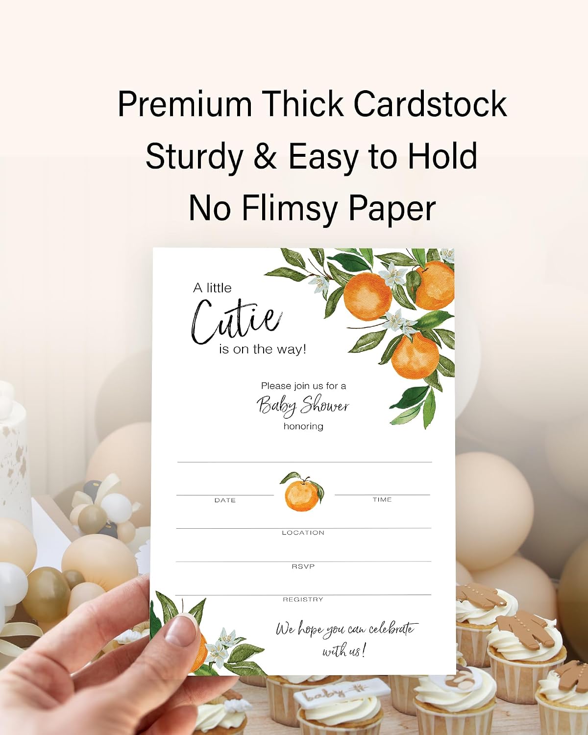 A Little Cutie is on the Way Invitation — Pack of 25 — Gender Neutral Orange Baby Shower Invitations, Citrus Baby Shower Theme, 5”x7” Invites for Couples Coed Shower, Blank fill-in Invites I350-INV1