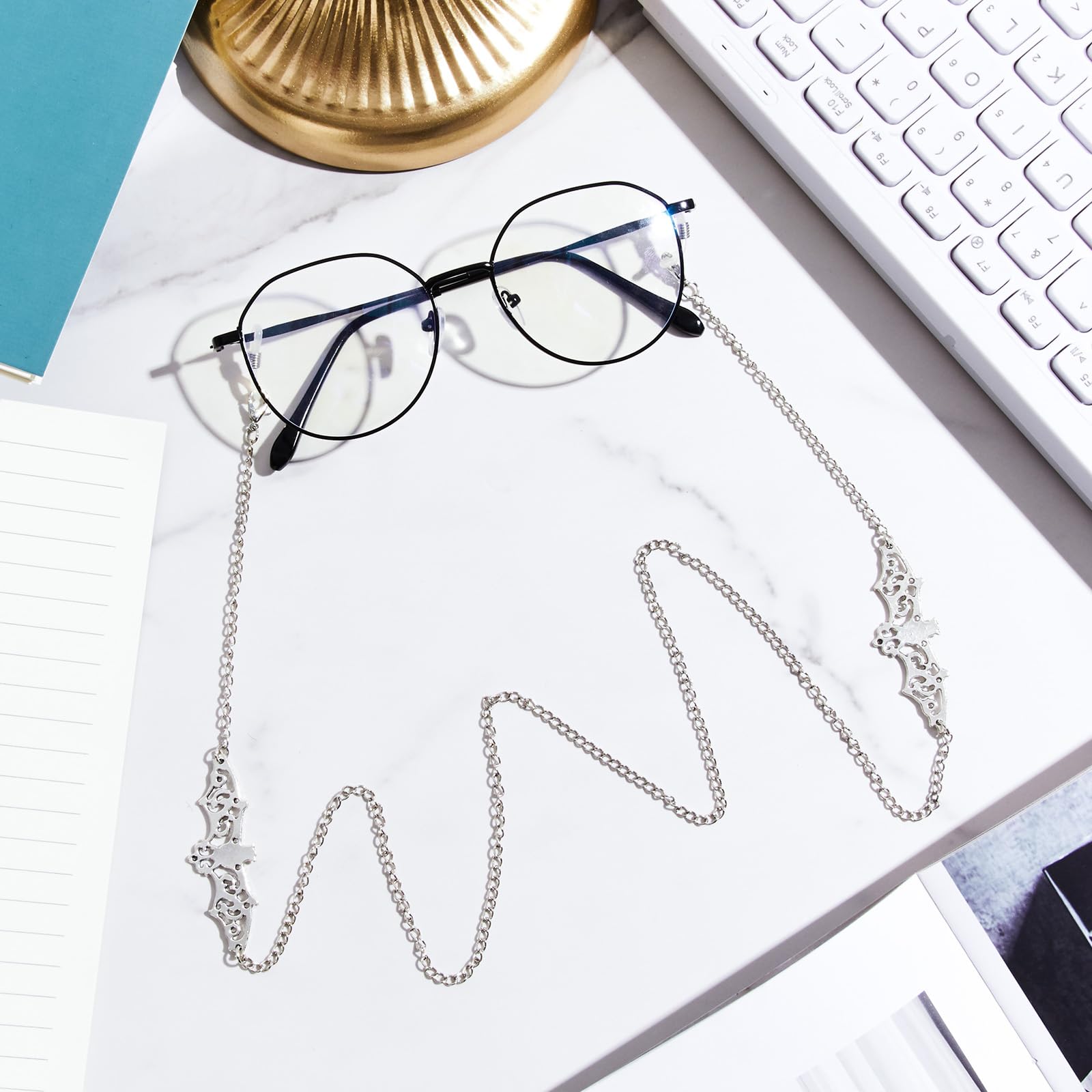 Frienda 2 Pieces Glass Chains Bat Goth Sunglasses Eyeglass Eyewear Lanyard Halloween Party Accessories for Women Men: Silver