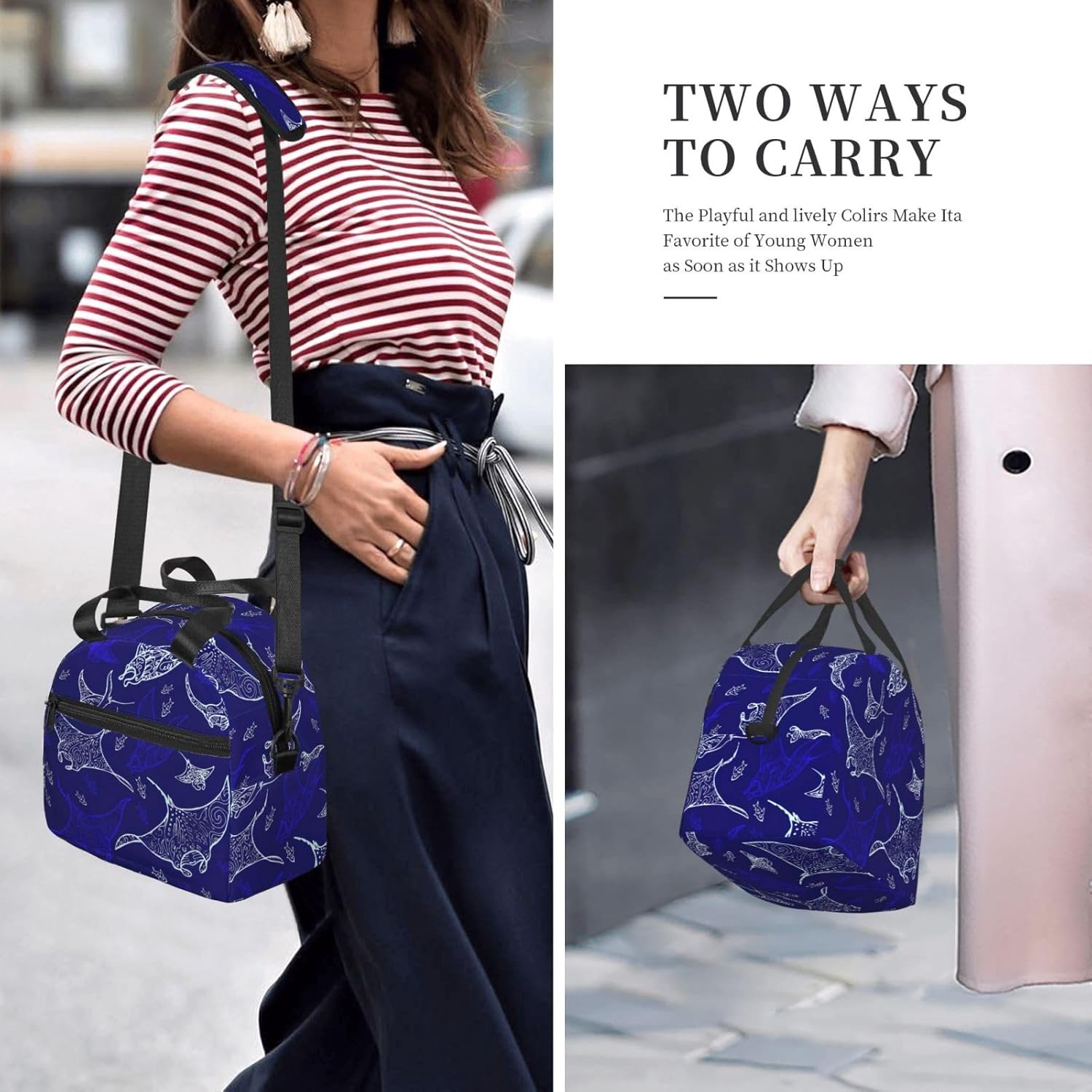 Manta Ray and Fish Print Reusable Lunch Bag Insulated Lunch Boxes for Office Work Picnic Tote Bag Adjustable