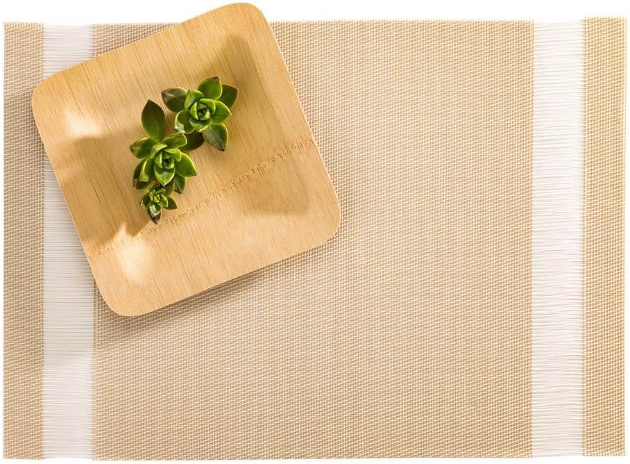 Restaurantware-Artisan Stripe 16 x 12 Inch Outdoor Placemats, Set Of 6 Woven Patio Placemats - Heat-Resistant, Stain-Resistant, Cream With White Stripes Vinyl Underplate Mats, Waterproof