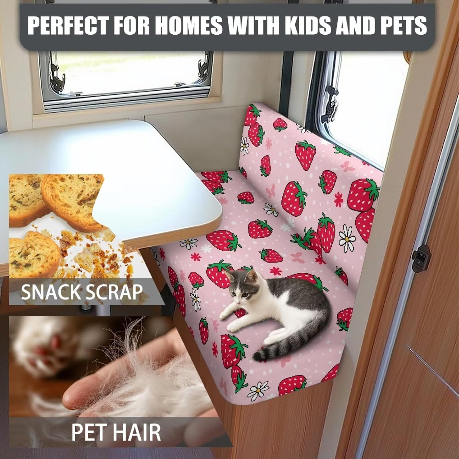 Strawberry RV Cushion Covers for Women,Dinette Booth Seats 2 Sets Camper Cushion Covers Stretch Couch Cover for RV Camper Sofa Bed,Including Bench & Backrest Cover,Pink