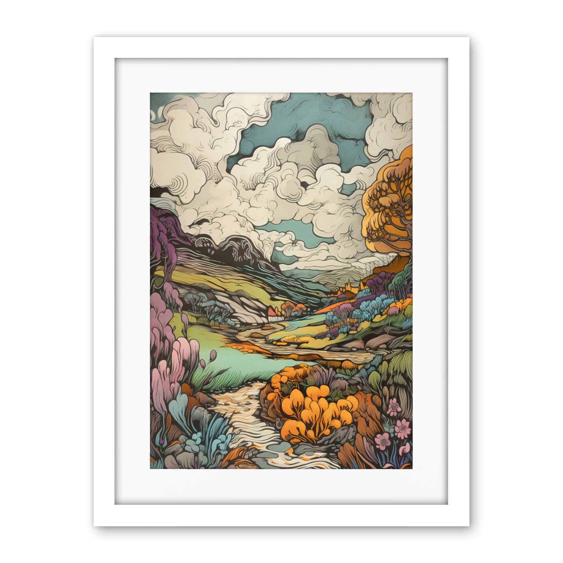 Artery8 Meadow River Multicoloured Landscape Illustration Artwork Framed Wall Art Print 18X24 Inch