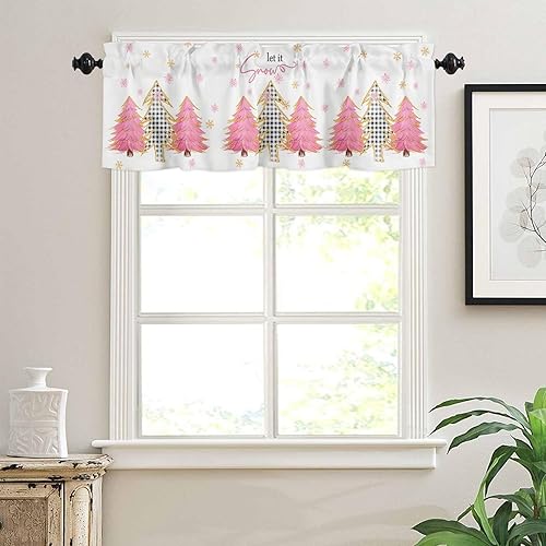 Miniatura 3 de Maliyand Cenefa de cortina, árbol de Navidad de madera a cuadros negros rosa dorado copos de nieve de invierno cenefa con bolsillo para cortinero