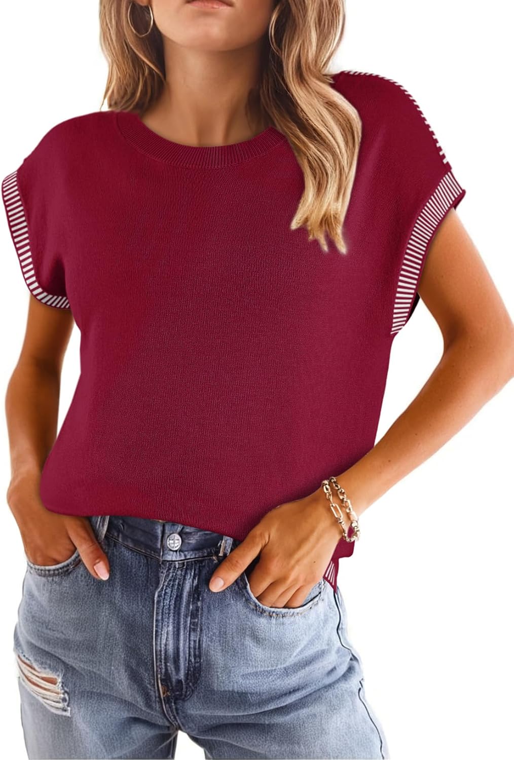 Dokotoo Womens Summer Cap Sleeve Tops 2025 Crewneck Sweater Vest Casual Knit Lightweight Sweater Pullover Trendy Tank Shirts