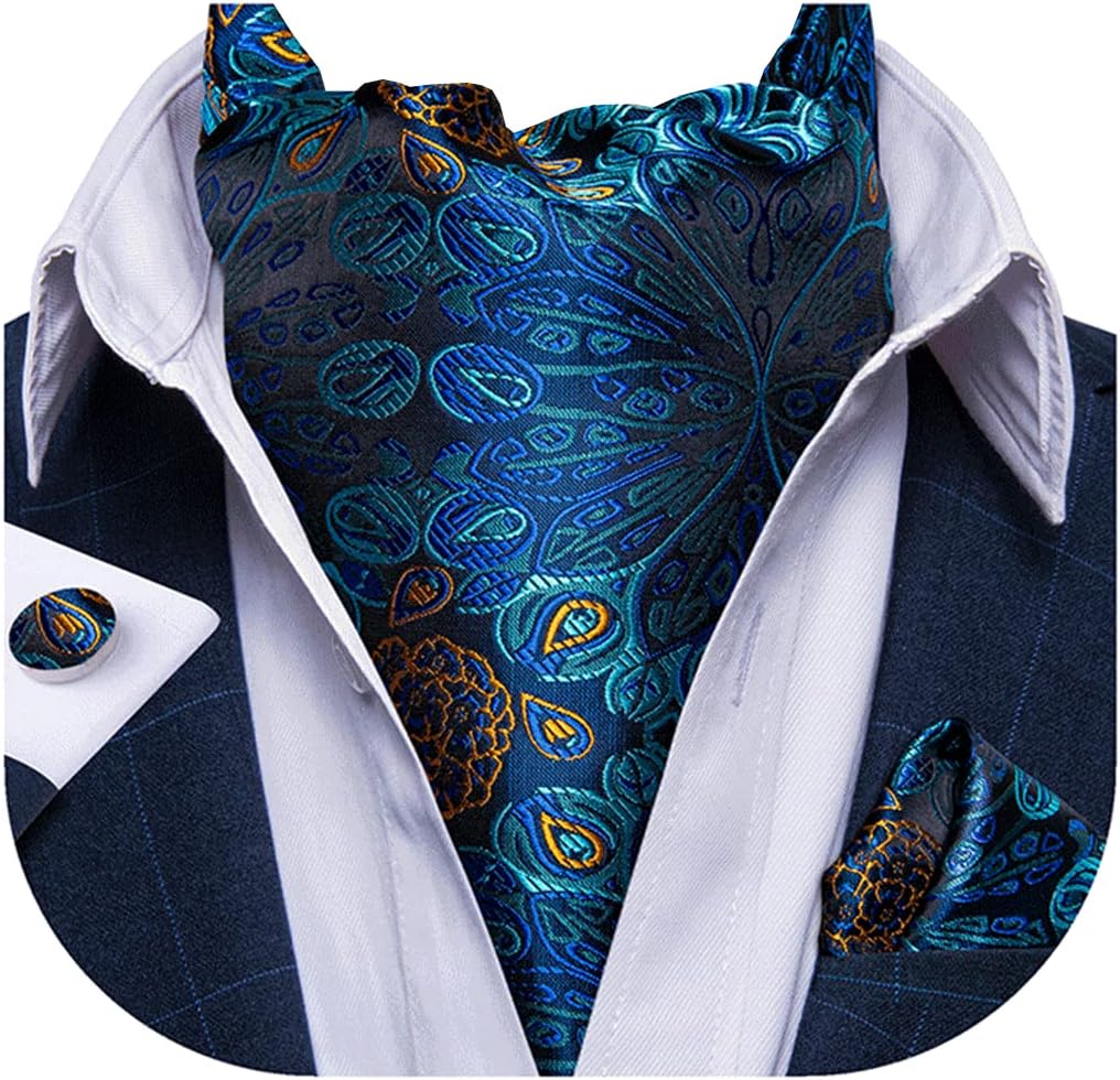 3PCS Ascot Ties for Men Wedding Jacquard Woven Silk Ascot Cravat for Men Cravat Tie and Pocket Square Set