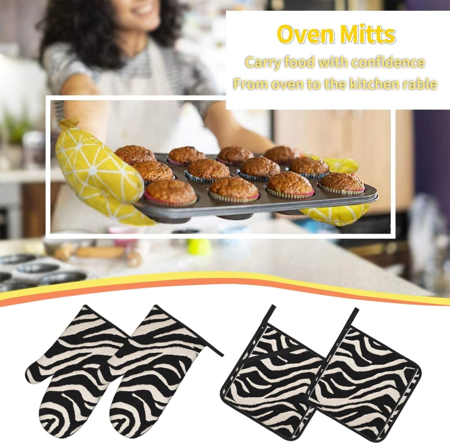 (Zebra Animal) Baking 4-Piece Set: 2 Oven Mitts and 2 Pot Holders Heat Resistant Waterproof Hanging Loop for Kitchen Oven Grill Housewarming Gifts