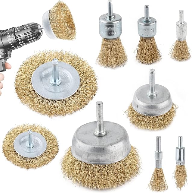 Wire Brush for Drill,9PCS Brass Coated Wire Brush Wheel & Cup Brush Set,Uses Removal of Rust,Paint and Welding Scale