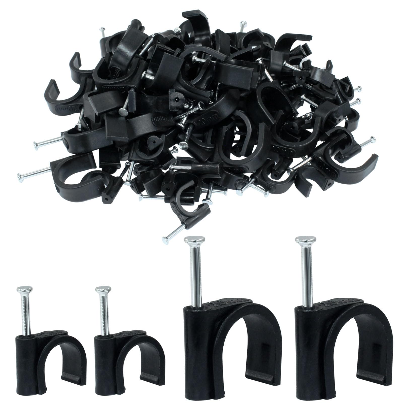 Dijedev 100Pcs Nail in Cable Clips, 12mm & 20mm Cable Wire Clips, Black Coaxial Nail Clamps, Cable Nails for Wall, Cords Cable Management
