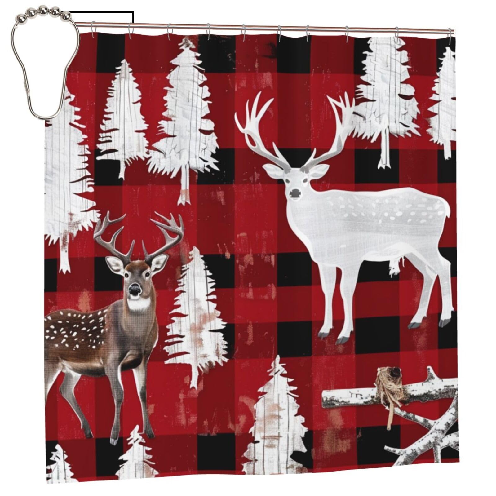 BWWHCCTI Cow deer tree christmas Printed Shower Curtain With 12 Iron Hooks Opaque Quick Drying Waterproof Shower Curtains Sets For Bathroom 183x183 CM
