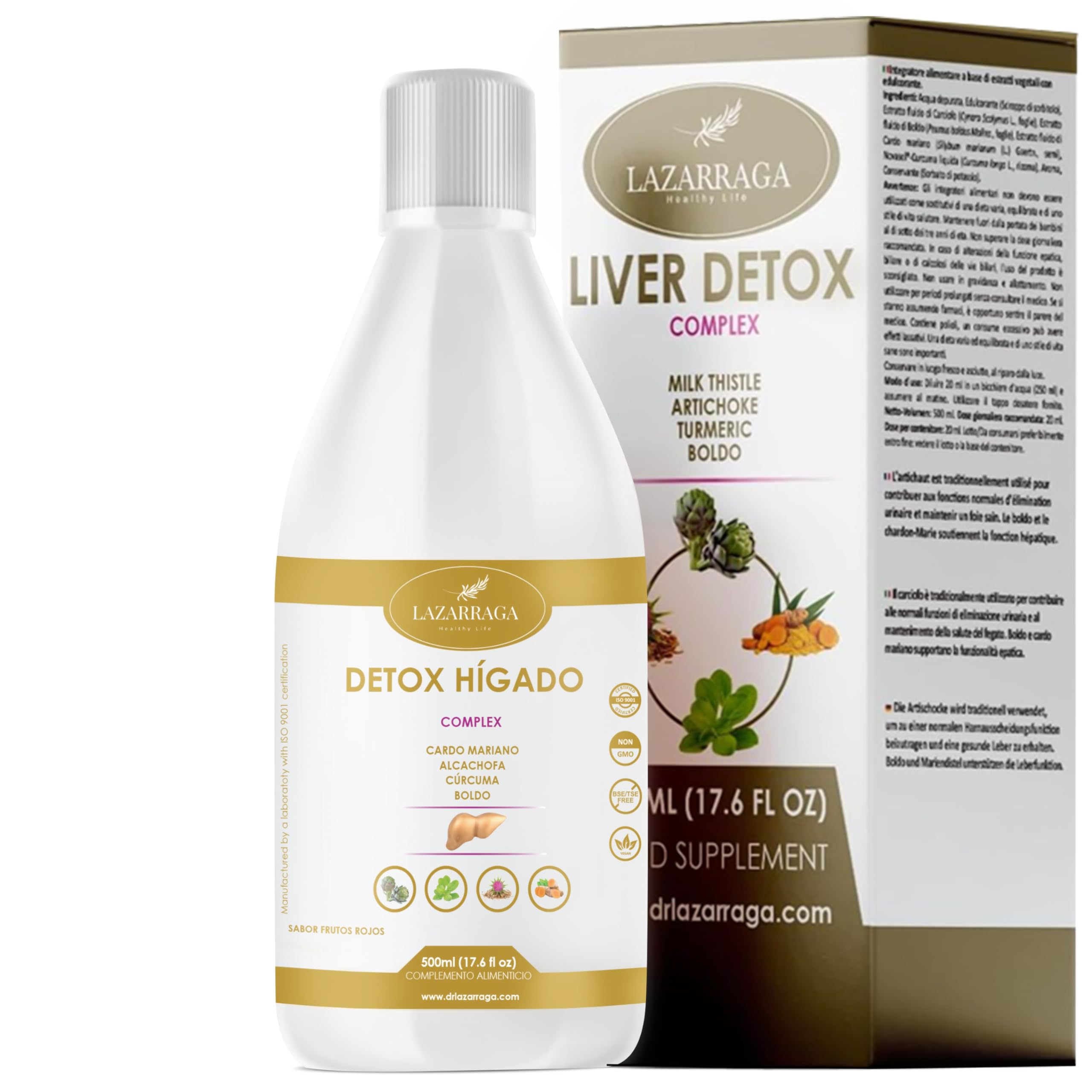 Detox Potente para Hígado y Colon | Elimina toxinas y evita la retención de líquidos | Efecto Control del Volumen | Alcachofa, Cúrcuma, Cardo Mariano y Boldo | Sabor Frutos Rojos | 500ml | Vegano