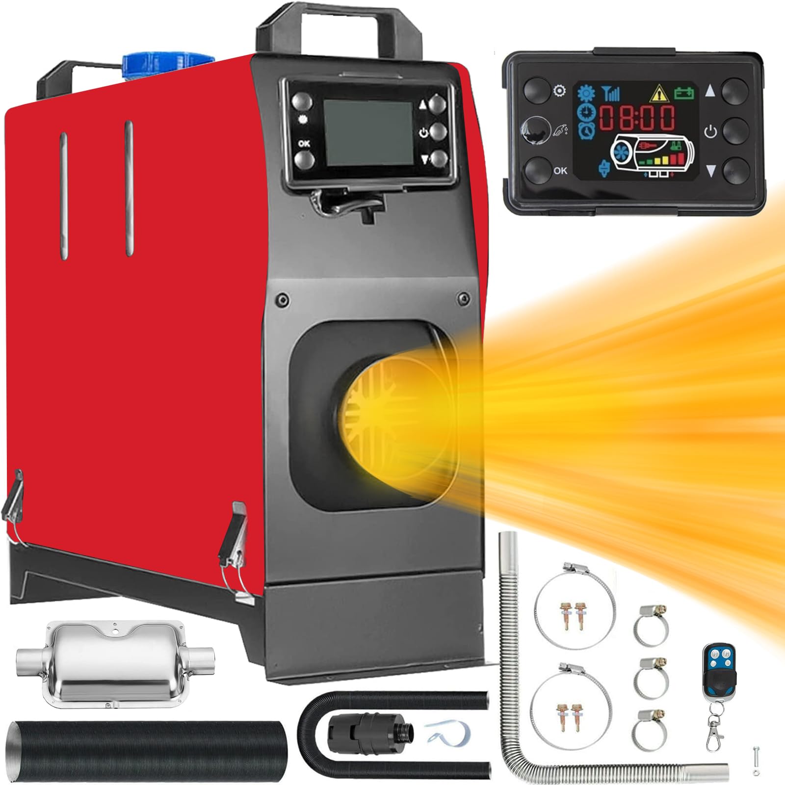PRIJESSE All-in-One Diesel Air Heater, 12V 5KW Parking Heater with Silencer LCD Monitor Thermostat For Car, Trailer, Truck, Boat, Caravan, Motor-home, Campervans (Red)