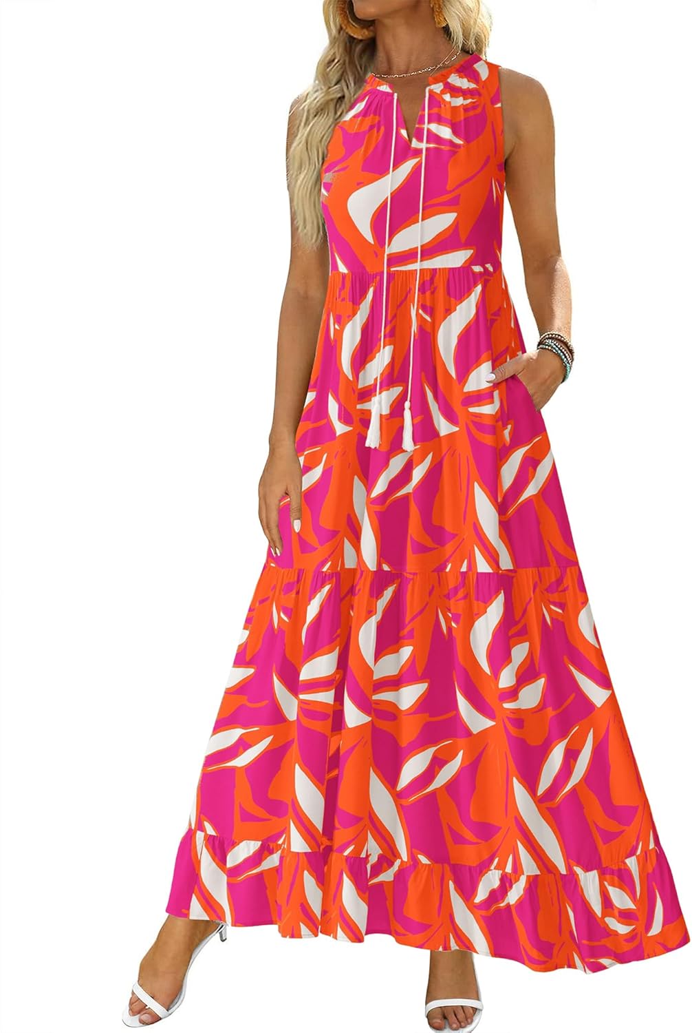 BTFBM Womens Summer Maxi Dresses 2025 Casual Sleeveless V Neck Loose Fit Floral Boho Dress Beach Long Sundress