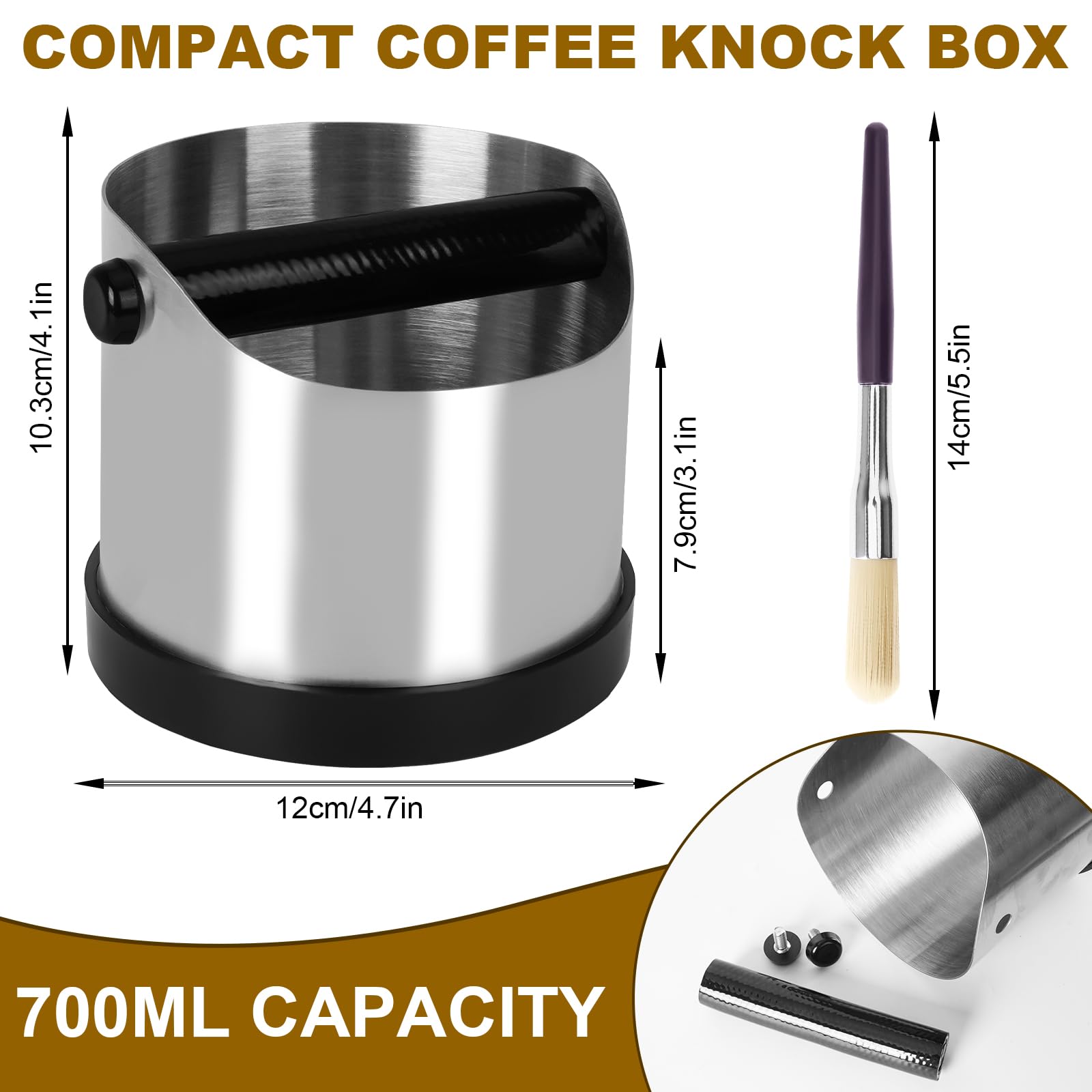 Knock box per macinadosatore per caffè,Realizzato in acciaio inox da 700 ml,con barra in gomma rimovibile e spazzola per la pulizia, scatola silenziosa,adatto per molte macchine per caffè espresso
