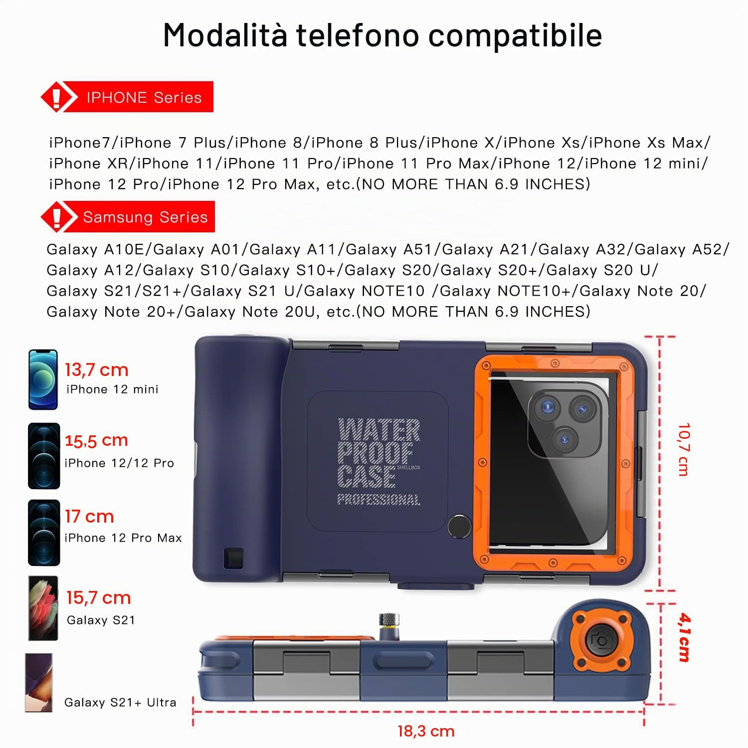 ShellBoxCase Custodia universale impermeabile per iPhone 16/15/14/Pro/Plus/Max/Samsung Galaxy S25/24/23/Ultra Series - [50FT/15M] custodia subacquea per riprese subacquee, blu arancione