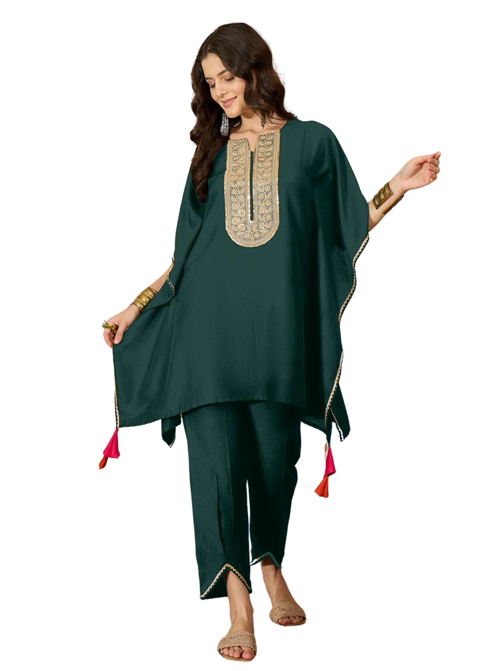 Youthnic Women's Cotton Silk Embroidered Kaftan Kurta with Pant Set | Co Ord Set for Women Stylish | Kurta Set for Women | Wedding Outfit, Bottle Green, XL