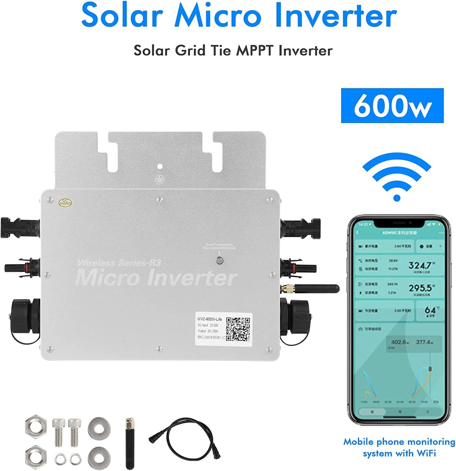 Solar Inverter 600W Micro Solar Inverter Convertitore di Cravatta A Griglia Impermeabile con Monitoraggio del Telefono Cellulare WiFi Uscita MPPT/Onda Sinusoidale Pura