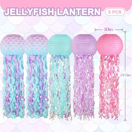 Miniatura 9 de Juego de 6 faroles colgantes de papel de gelatina de pez rosa, morado y azul para decoración de fiesta de cumpleaños bajo el mar y el océano