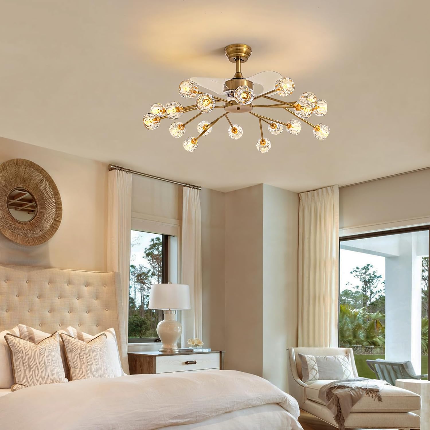 Siljoy 18 Lights Modern Crystal Ceiling Fan Light and Remote Control, Farmhouse Brass Gold Sputnik Crystal Fandelier, Reversible Ceiling Fan Light Kit for Living Dining Room Bedroom 42 Inches