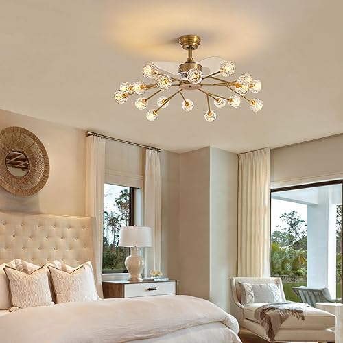 Miniatura 7 de Siljoy Ventilador de techo moderno de cristal dorado de 42 pulgadas con luz y control remoto, 18 luces retráctiles, lámpara Sputnik con aspas