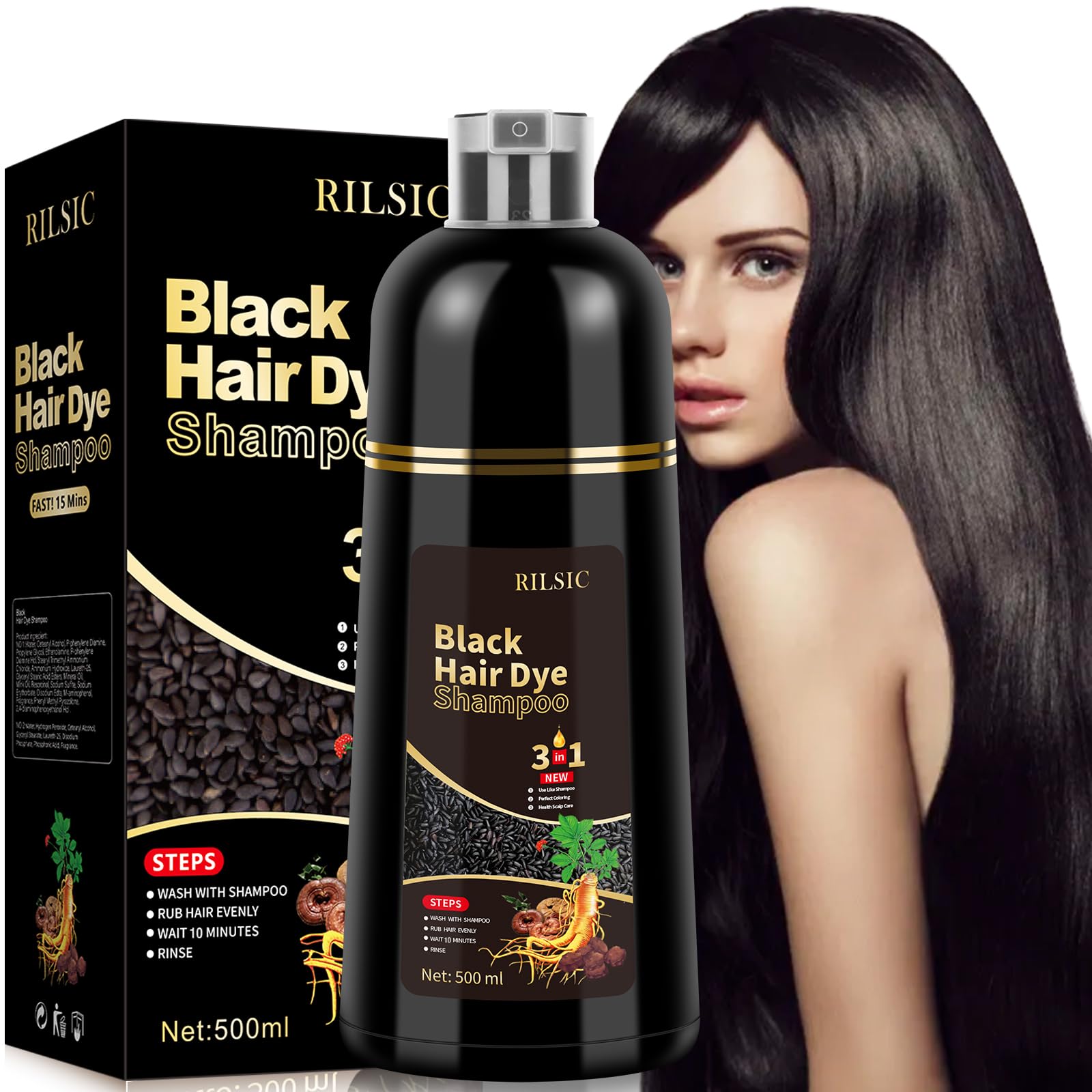 Black Hair Dye Shampoo 3 in 1, Herbal Instant Hair Color Shampoo