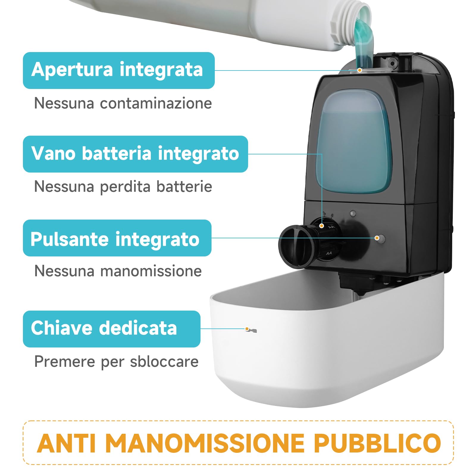 AIKE 1000 ML Distributore Automatico Di Sapone A Parete, Design A Prova Di Manomissione Per Uso Pubblico E Commerciale, AK1226S