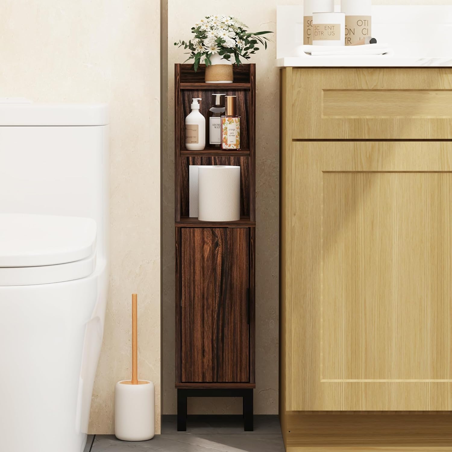 Small Bathroom Storage Cabinet, Corner Floor Cabinet with Door and Shelves, Narrow Toilet Paper Cabinet, Bathroom Organizer with Adjustable Shelf, for Small Spaces (Walnut)